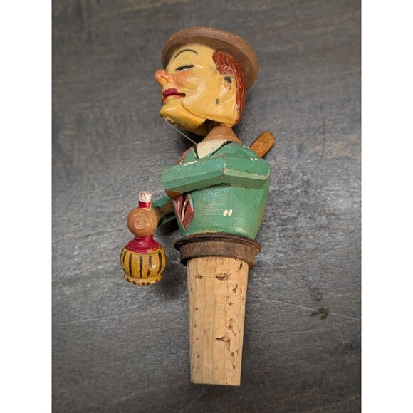 Vintage Hand-Carved Mechanical Cork Bottle Stopper Man Drinking Wine - Picture 7 of 15